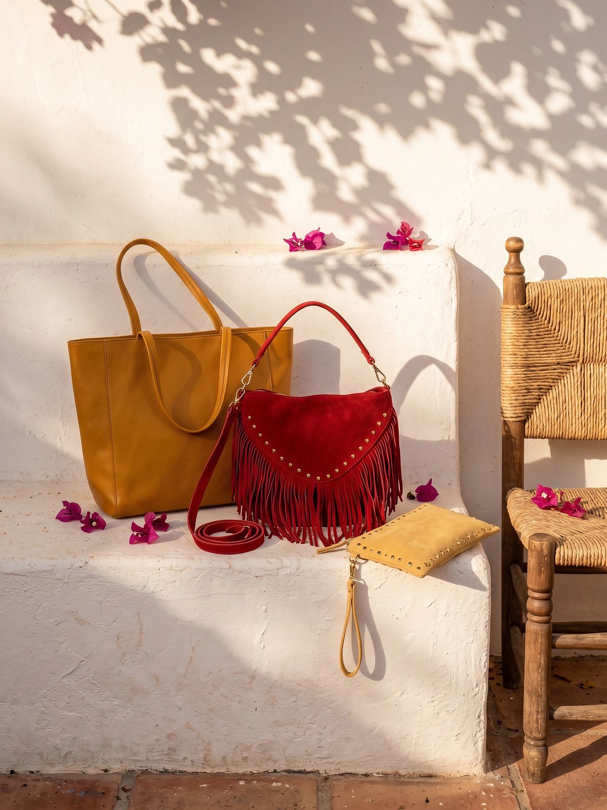 Bolso rojo de flecos, shopper mostaza y cartera de ante sobre un banco encalado