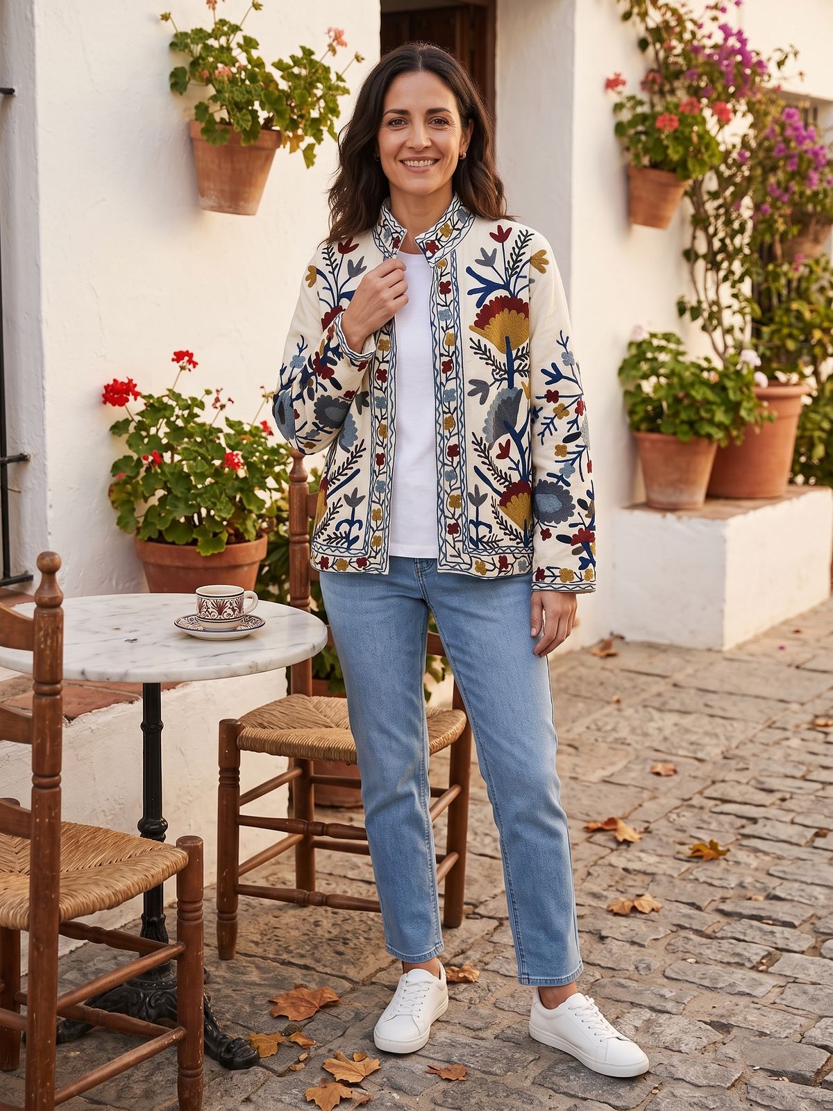 Modelo con chaqueta bordada de flores y vaqueros en la terraza de un café