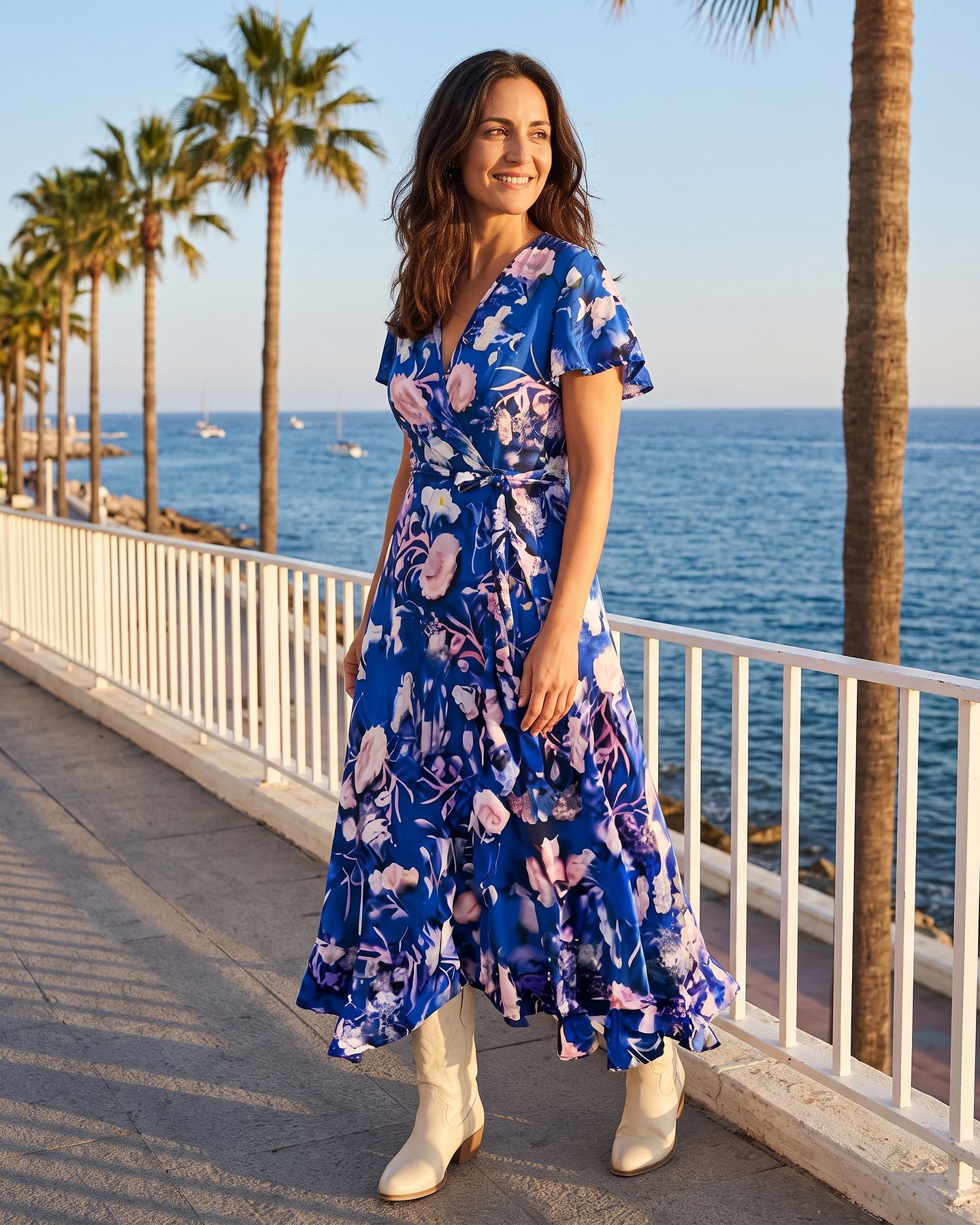 Modelo con vestido cruzado azul de flores en un paseo marítimo con palmeras