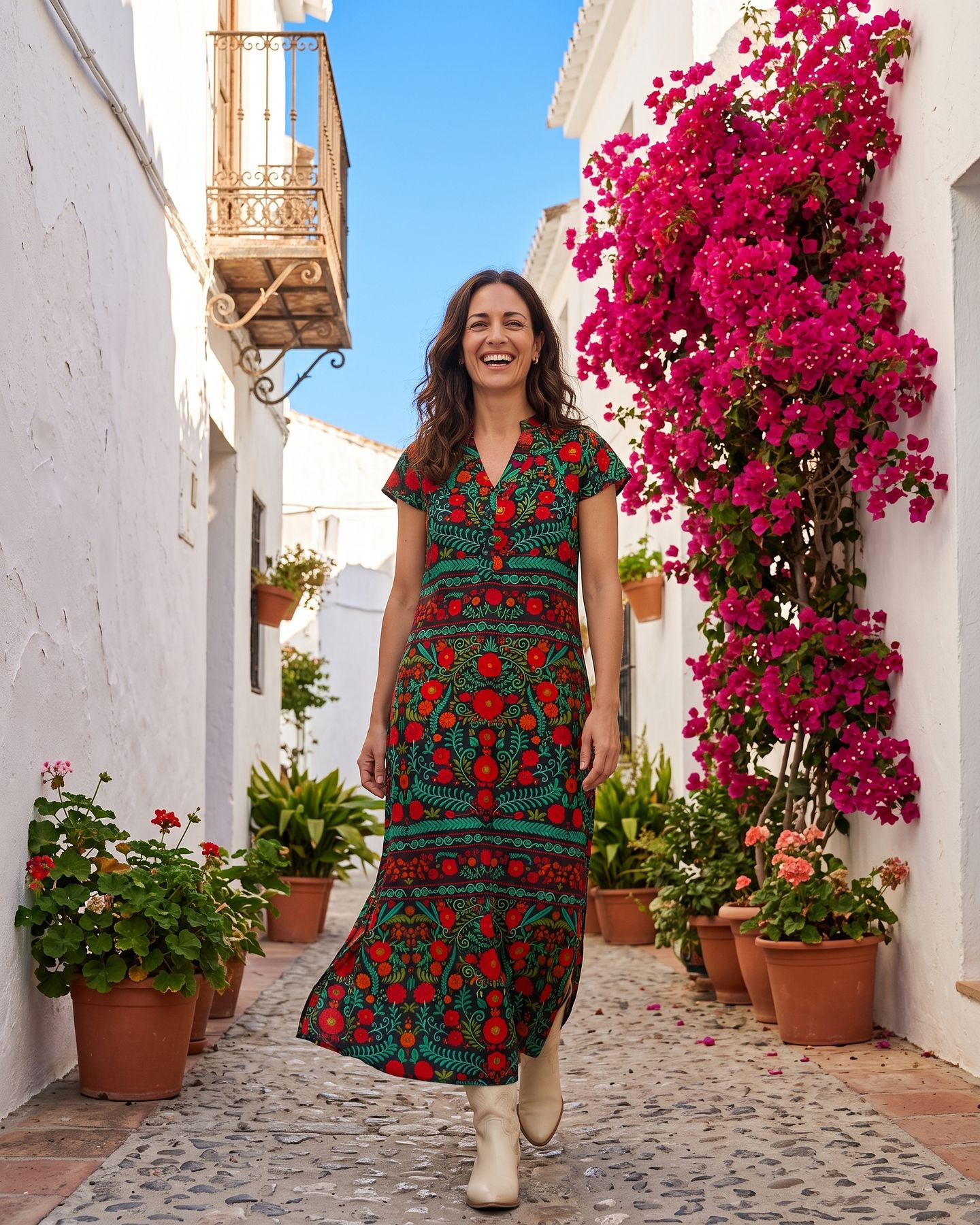 Modelo con vestido largo rojo y verde caminando por una calle blanca con buganvillas